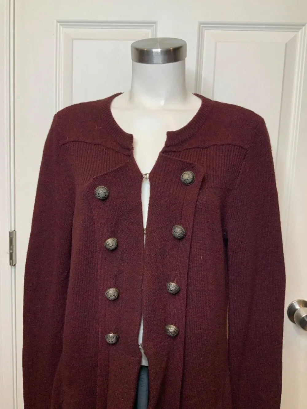 Free People Maroon Wool Button Lapel Long Cardigan Sweater, Size L
